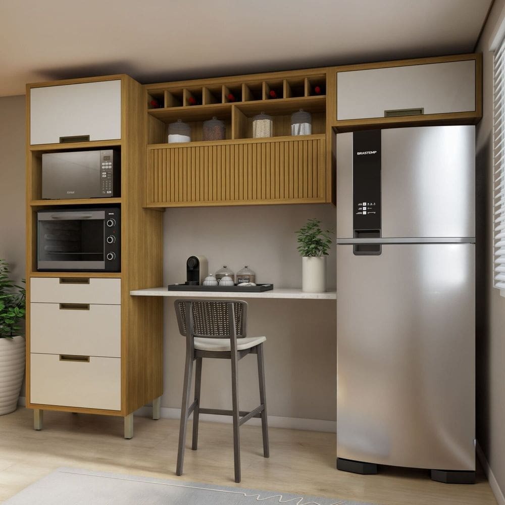 Cozinha 3 Peças Paneleiro Torre 2 Portas 3 Gavetas, Armário Aéreo 1 Porta e Armário Aéreo Geladeira Freijó/Off White