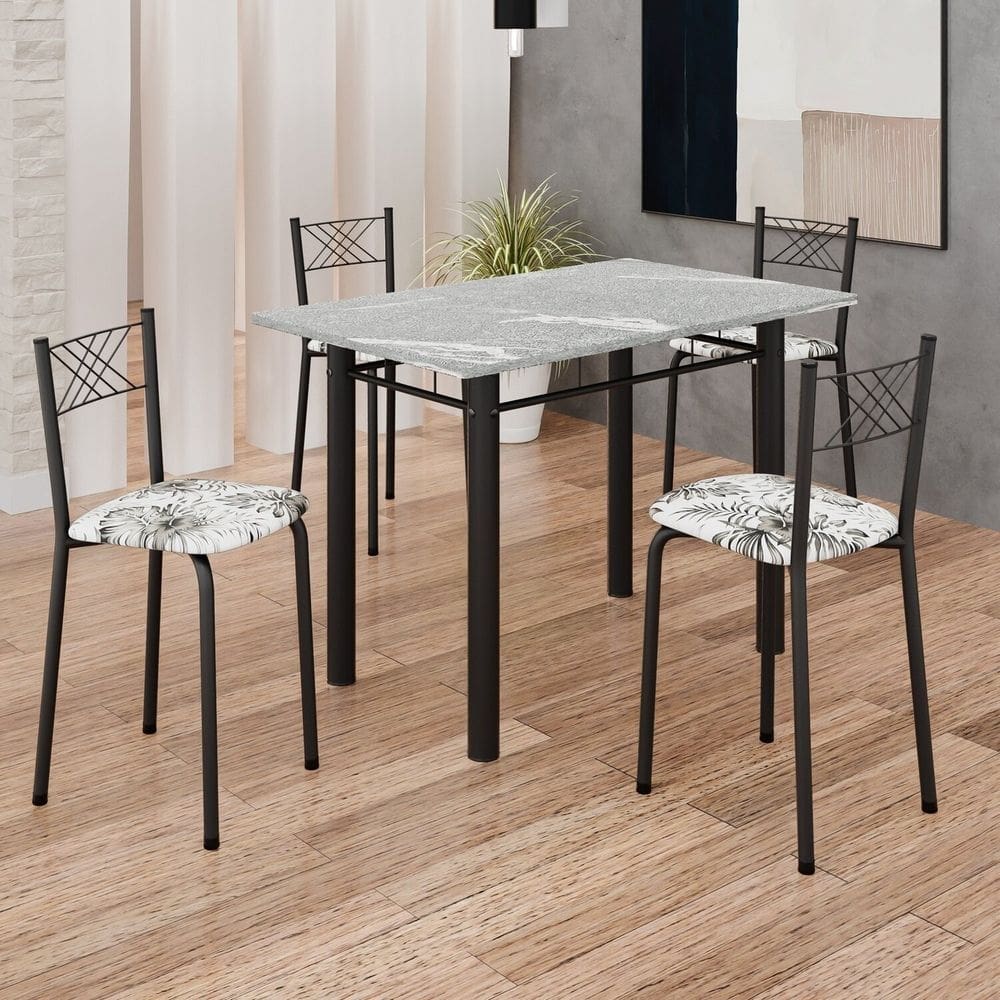 Conjunto Sala de Jantar Mesa Retangular 100x60cm Tampo Granito Topázio 4 Banquetas Maragogi Yescasa Flor de Lotus / Preto Fosco