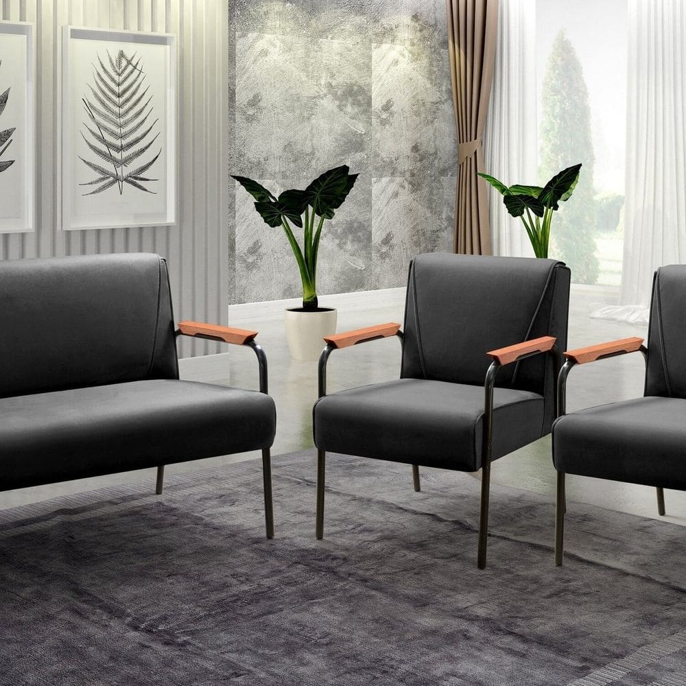 Conjunto com 2 Poltronas e Namoradeira Decorativa Jade Sala de Estar Preto