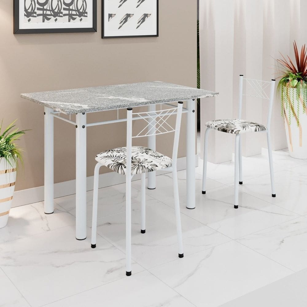 Conjunto Sala de Jantar Mesa Retangular 100x60cm Tampo Granito Topázio 2 Banquetas Maragogi Yescasa Flor de Lotus / Branco