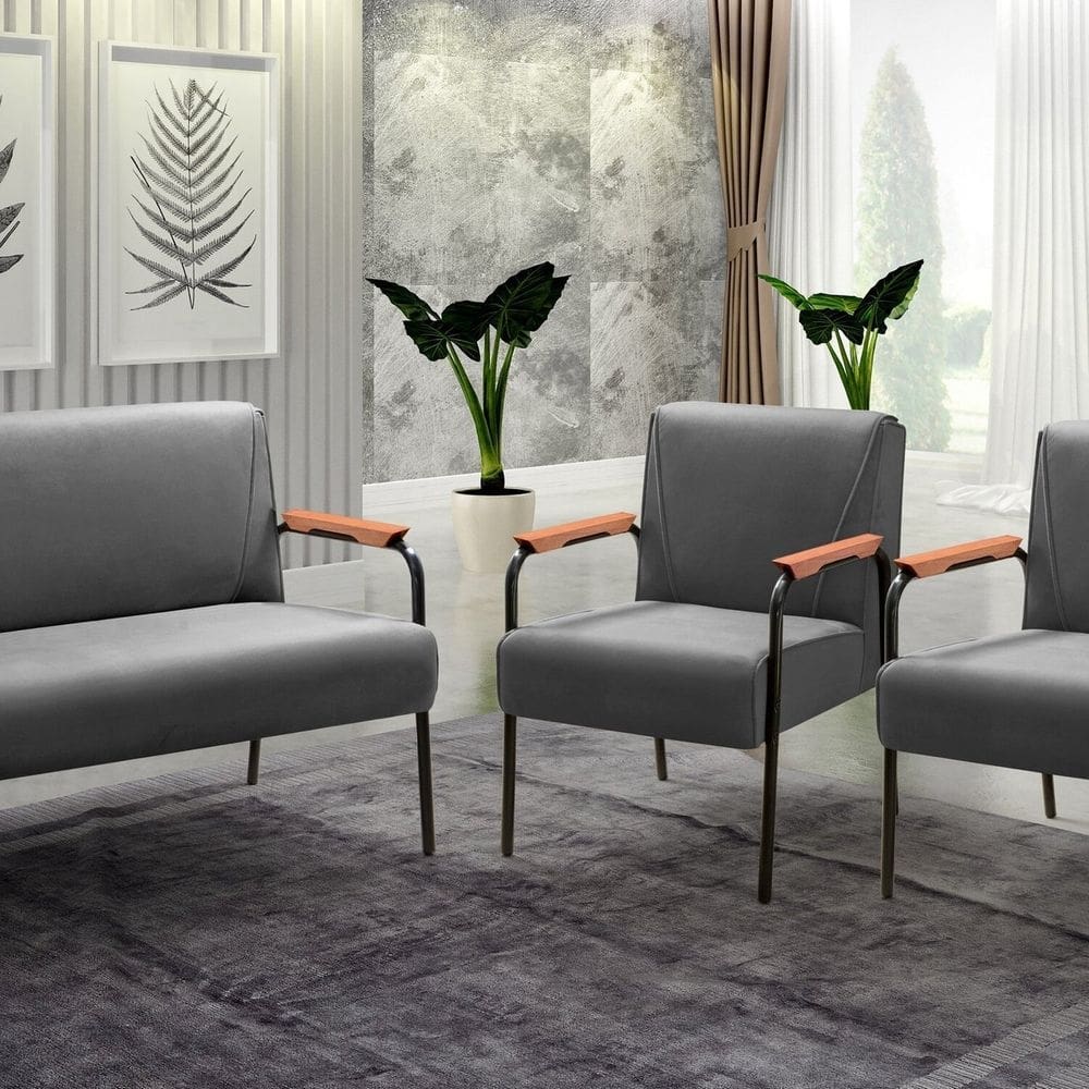 Conjunto com 2 Poltronas e Namoradeira Decorativa Jade Sala de Estar Cinza grafite