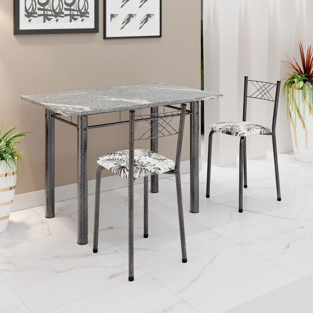 Conjunto Sala de Jantar Mesa Retangular 100x60cm Tampo Granito Topázio 2 Banquetas Maragogi Yescasa Flor de Lotus / Mart Prata