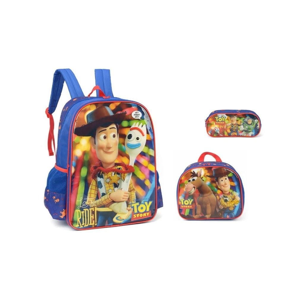 Kit escolar toy story mochila costas + lancheira + estojo