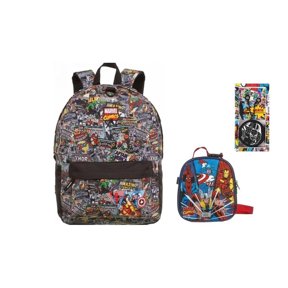 Kit escolar marvel comics mochila de costas + lancheira