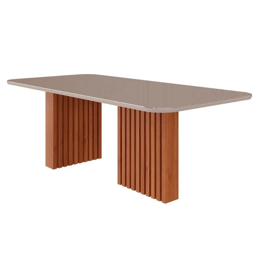 Mesa de Sala Jantar Ester c/Tampo Madeirado Vidro Reto 210x100cm Cinamomo/Off White - Cimol