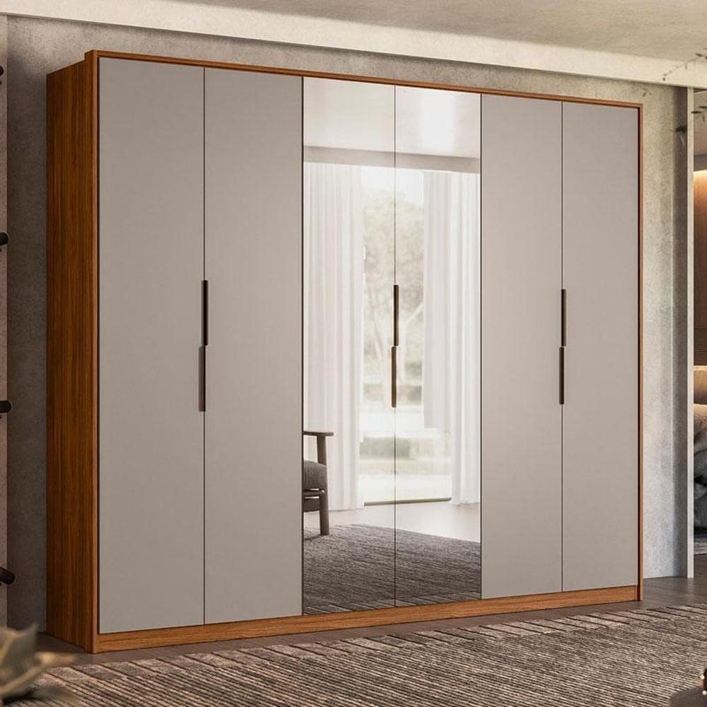 Guarda Roupa Casal Atrice Ambiente 6 Portas Nogueira Nude Prime TX com Espelho Demóbile – Demartêz