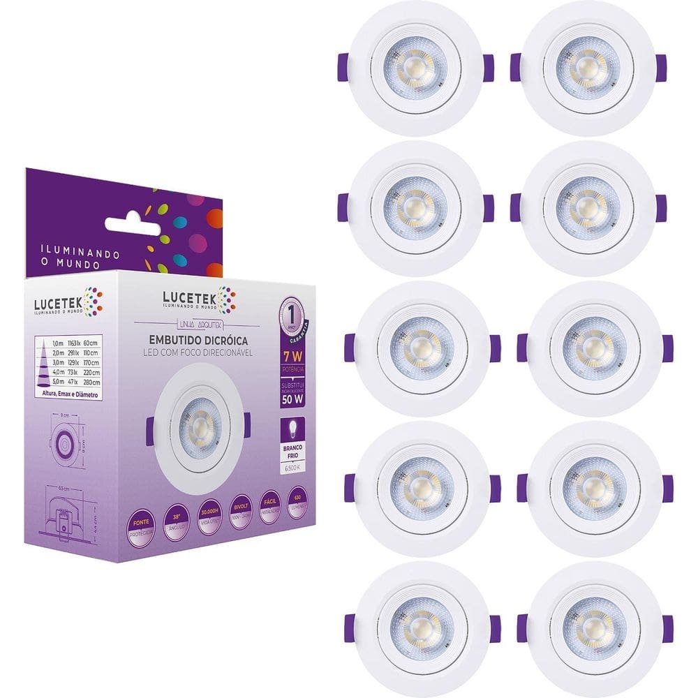 Kit 10 luminária spot led embutir 7w redondo branco frio