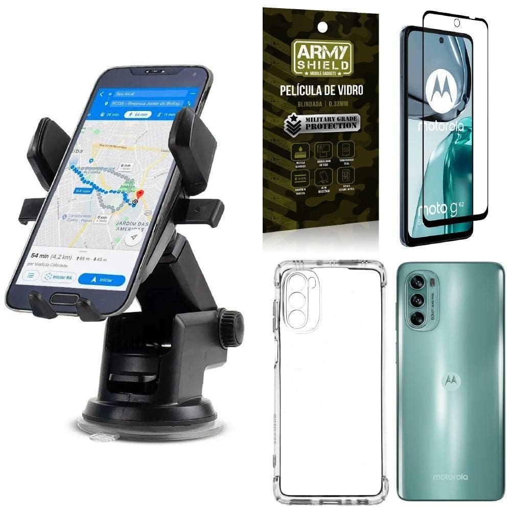 Capa moto g62 + suporte veicular ventosa auto + película 3d