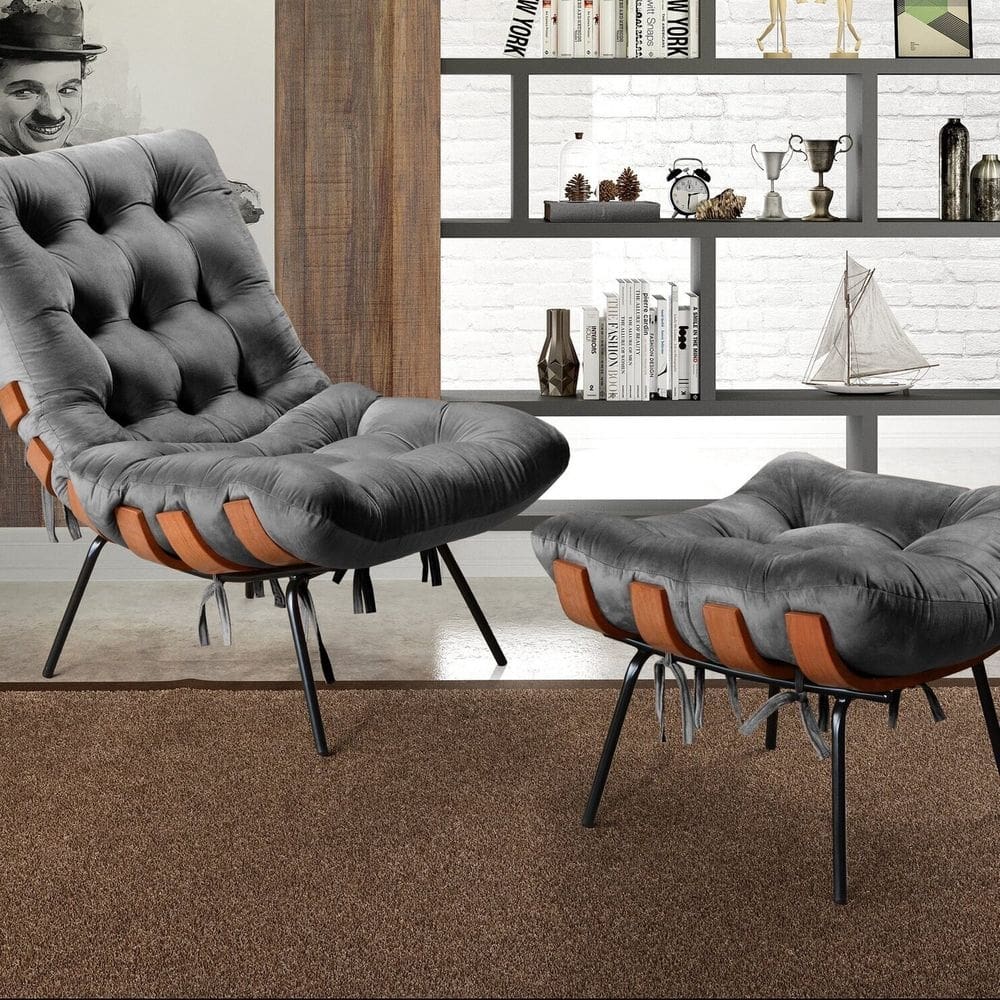Poltrona Costela com Puff Base Fixa para Sala, Quarto Cinza grafite