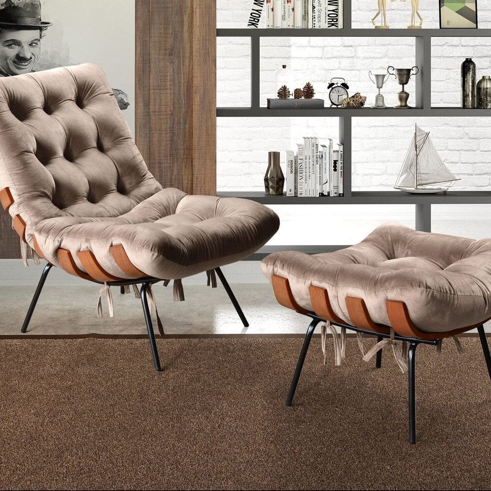 Poltrona Costela com Puff Base Fixa para Sala, Quarto Capuccino