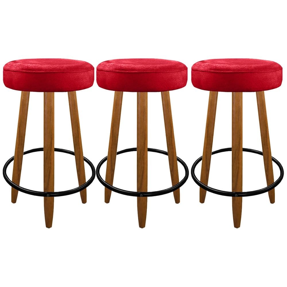 Kit 3 Banqueta Alta Com 3 Pés Palito Balcão Cozinha Vermelho