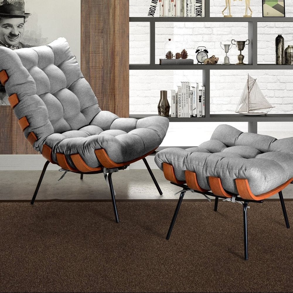 Poltrona Costela com Puff Base Fixa para Sala, Quarto Cinza
