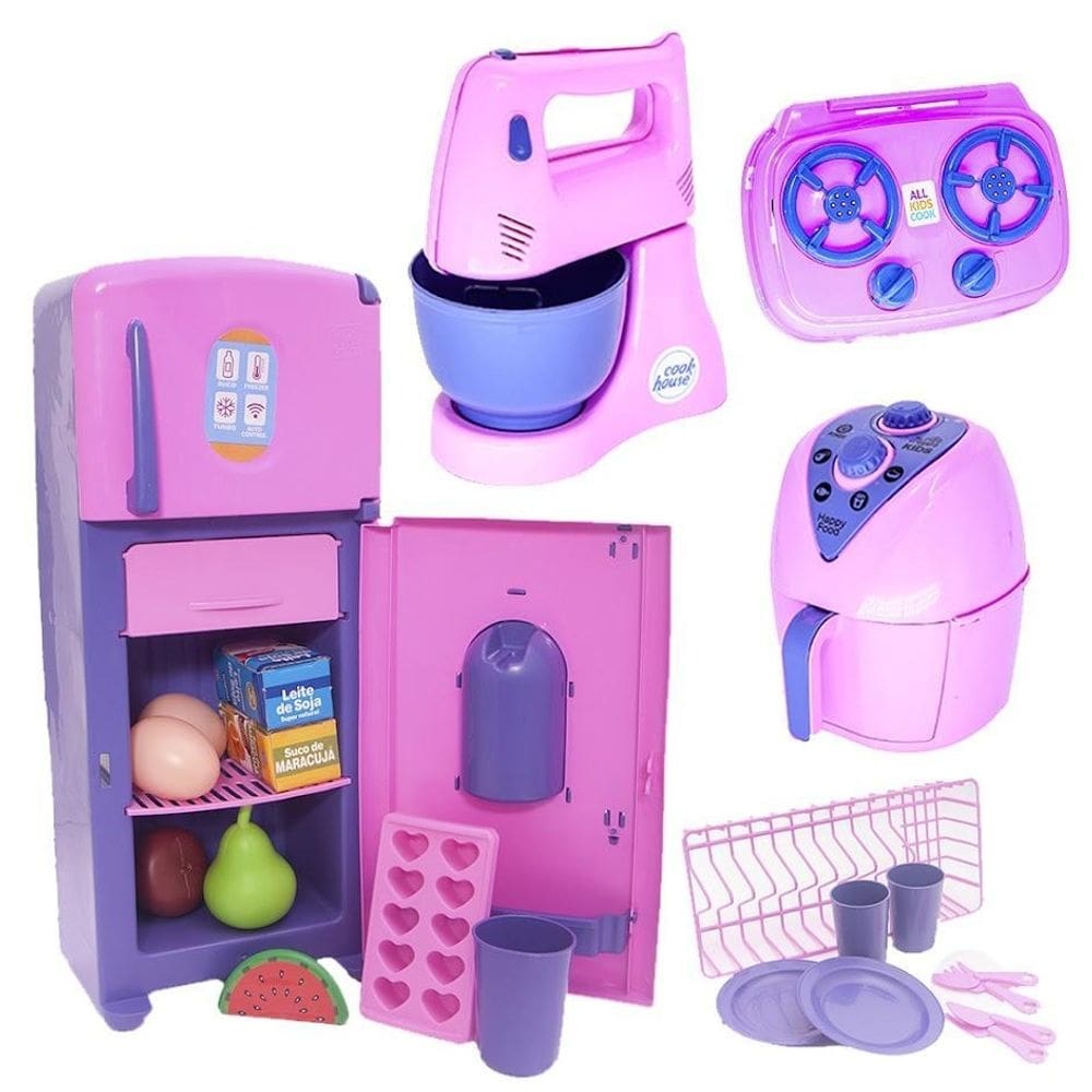 Brinquedo menina cozinha geladeira comida eletro fogão 23pç