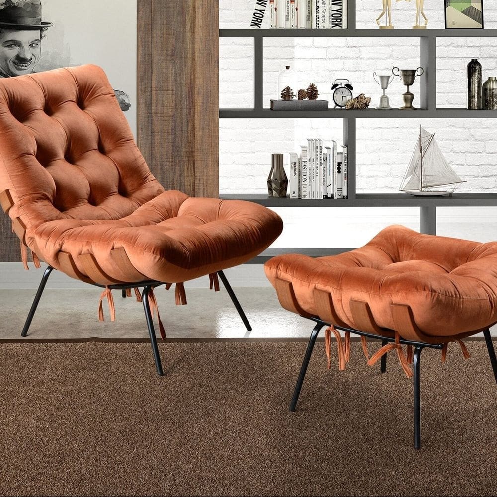 Poltrona Costela com Puff Base Fixa para Sala, Quarto Terracota