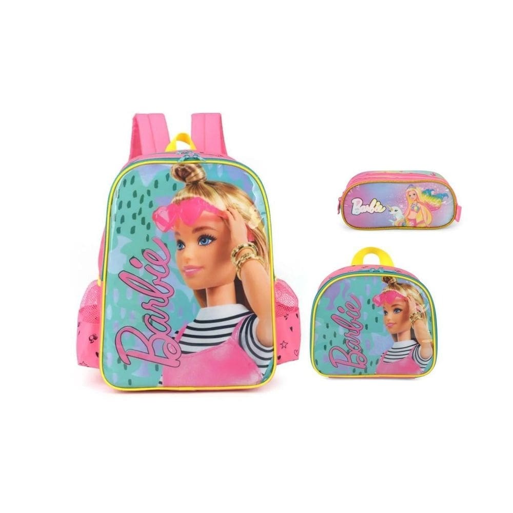 Kit escolar barbie modelo mochila costas + lancheira estojo