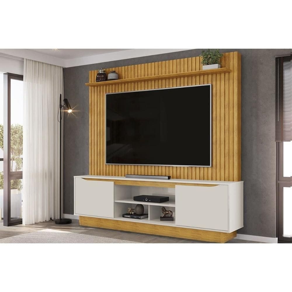 Home p/TV até 70 Polegadas Enzo Ripado c/ Prateleira e Nicho 200x188cm Cedro/Bali - DJ Móveis