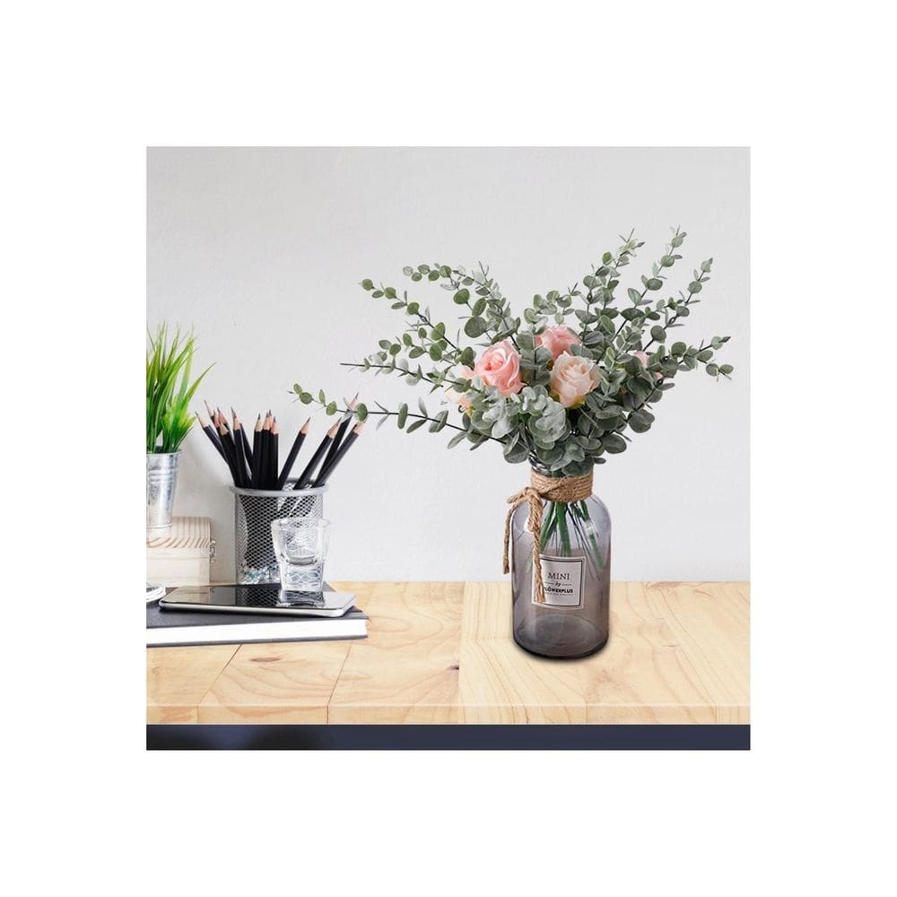 Decoração artificial de folhas de eucalipto com flor artificial
