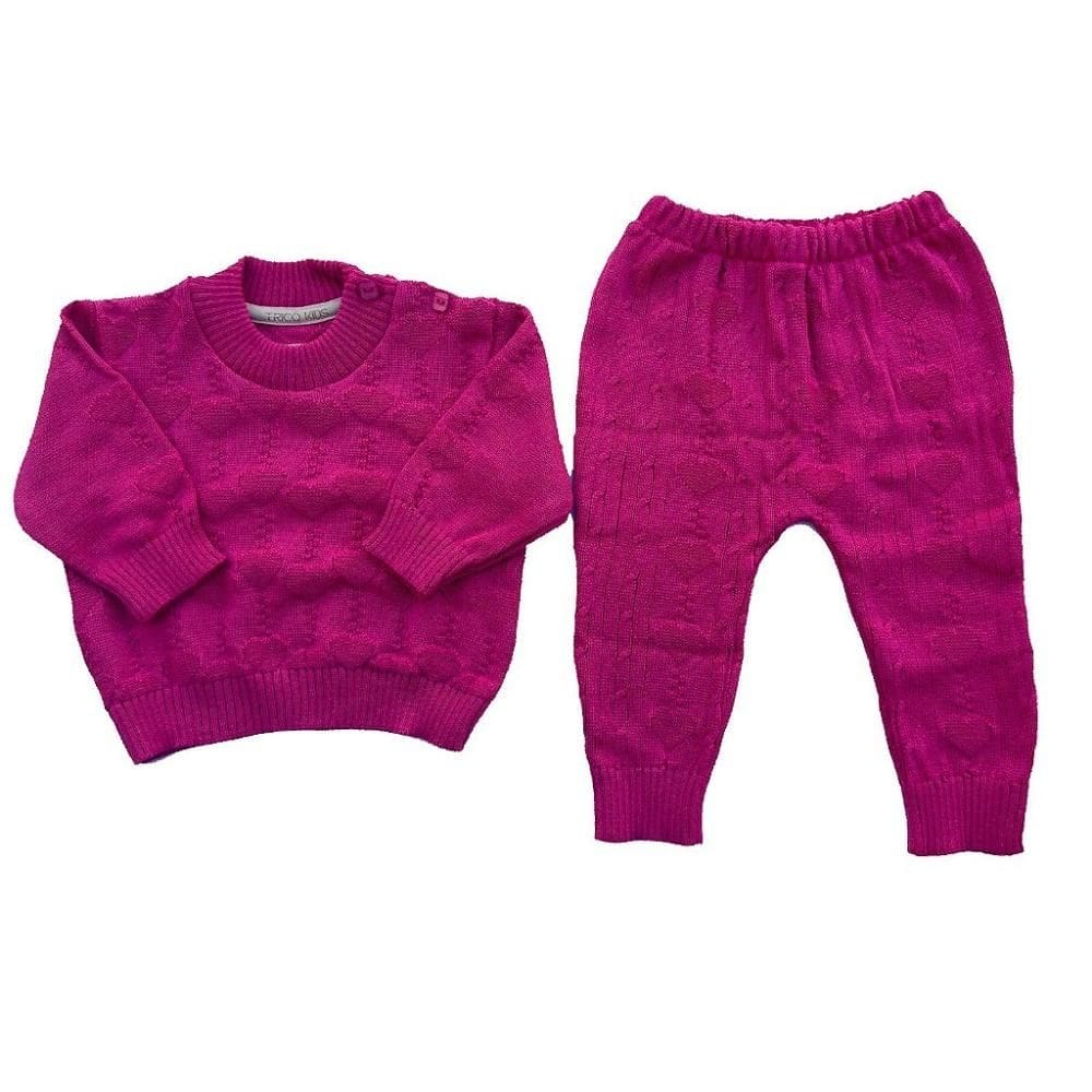 Conjunto de Tricô Maya Corações Blusa e Calça Rosa Forte