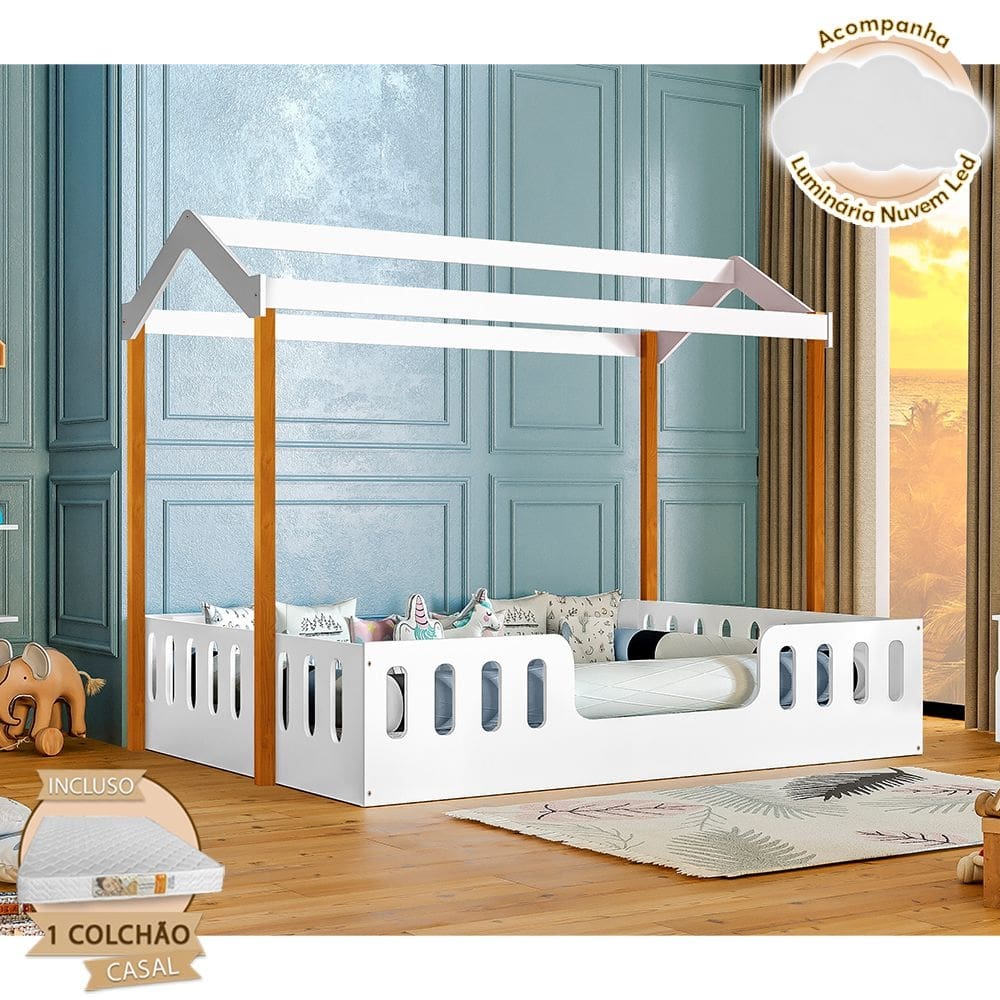 Cama Infantil Com Colchão D28 Casal Casinha Segura Montessoriana Ágatha Branco/Castanho Claro + Luminária