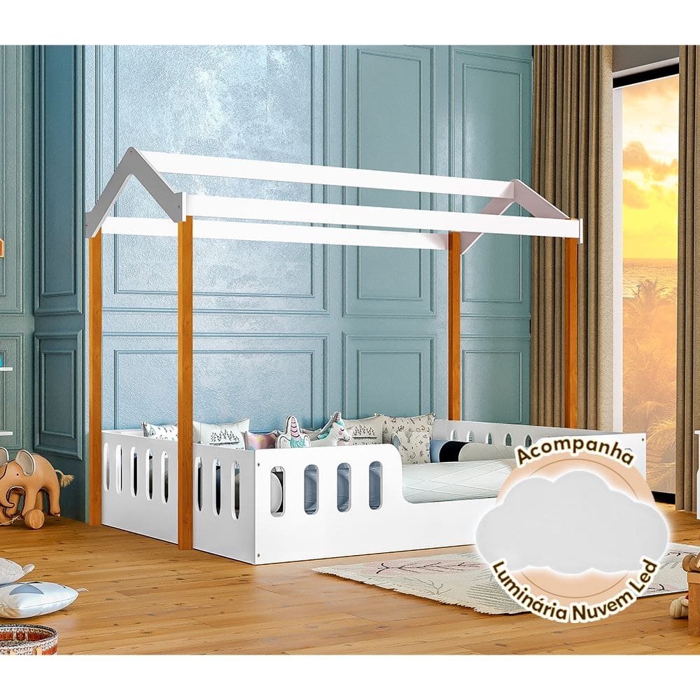 Cama para Criança Infantil Ágatha Casal Casinha Montessoriana Branca/amêndoa Acompanha Luminária Led
