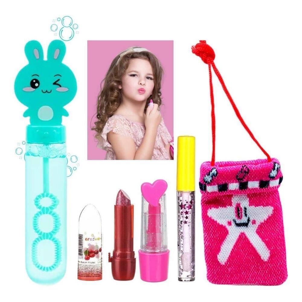 Kit de maquiagem infantil batom porta moeda bolha de sabão