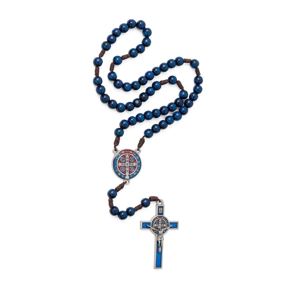 Terço madeira imbuia azul medalha são bento 10mm crucifixo
