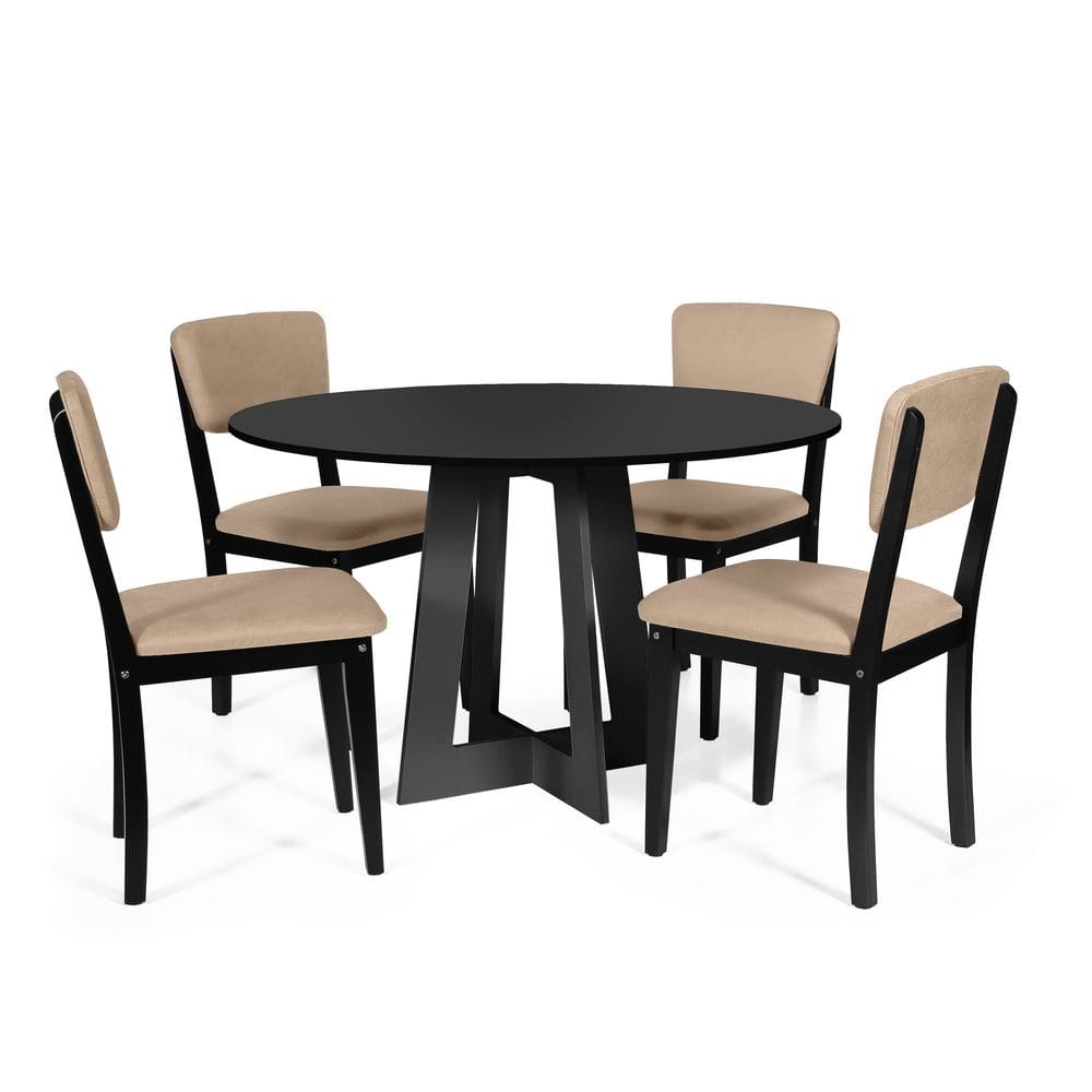 Mesa de Jantar Redonda Montreal Preta com 4 Cadeiras Estofadas Ella Preto/Bege