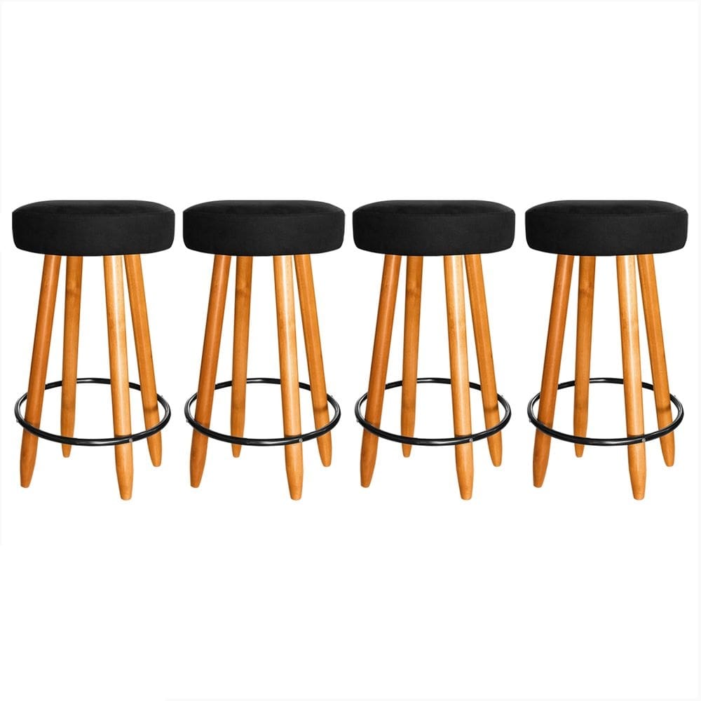 Kit 4 Banqueta Alta Madeira Aço Para Cozinha Ilha Bar Preto