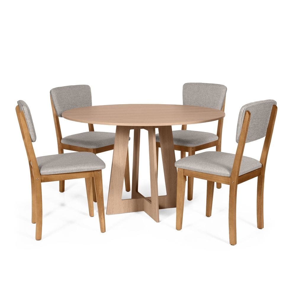 Mesa de Jantar Redonda Montreal Jade com 4 Cadeiras Estofadas Ella Cinza Claro