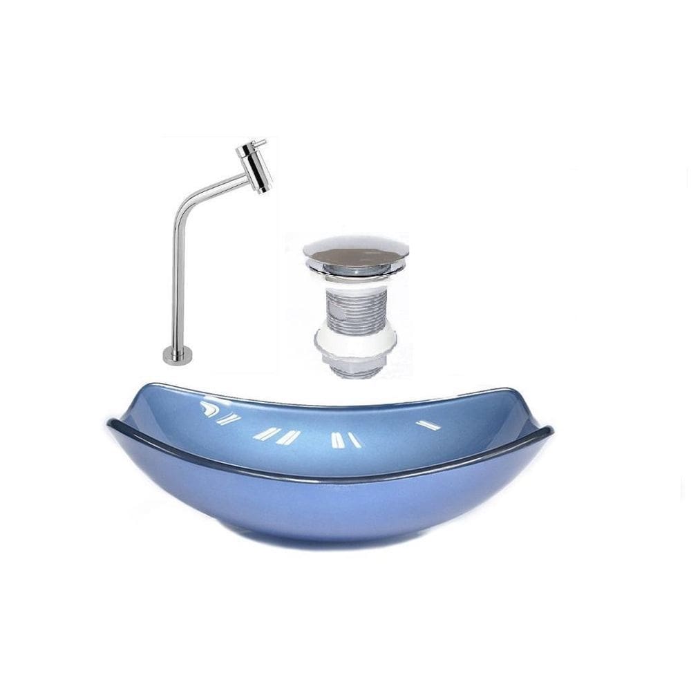 Cuba de vidro oval chanfrada 46cm azul + valvula + torneira