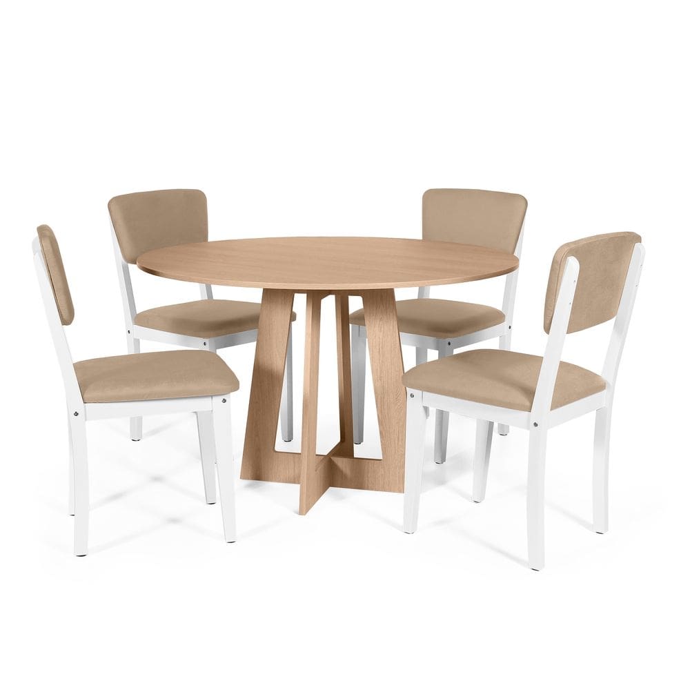 Mesa de Jantar Redonda Montreal Jade com 4 Cadeiras Estofadas Ella Branco/Bege