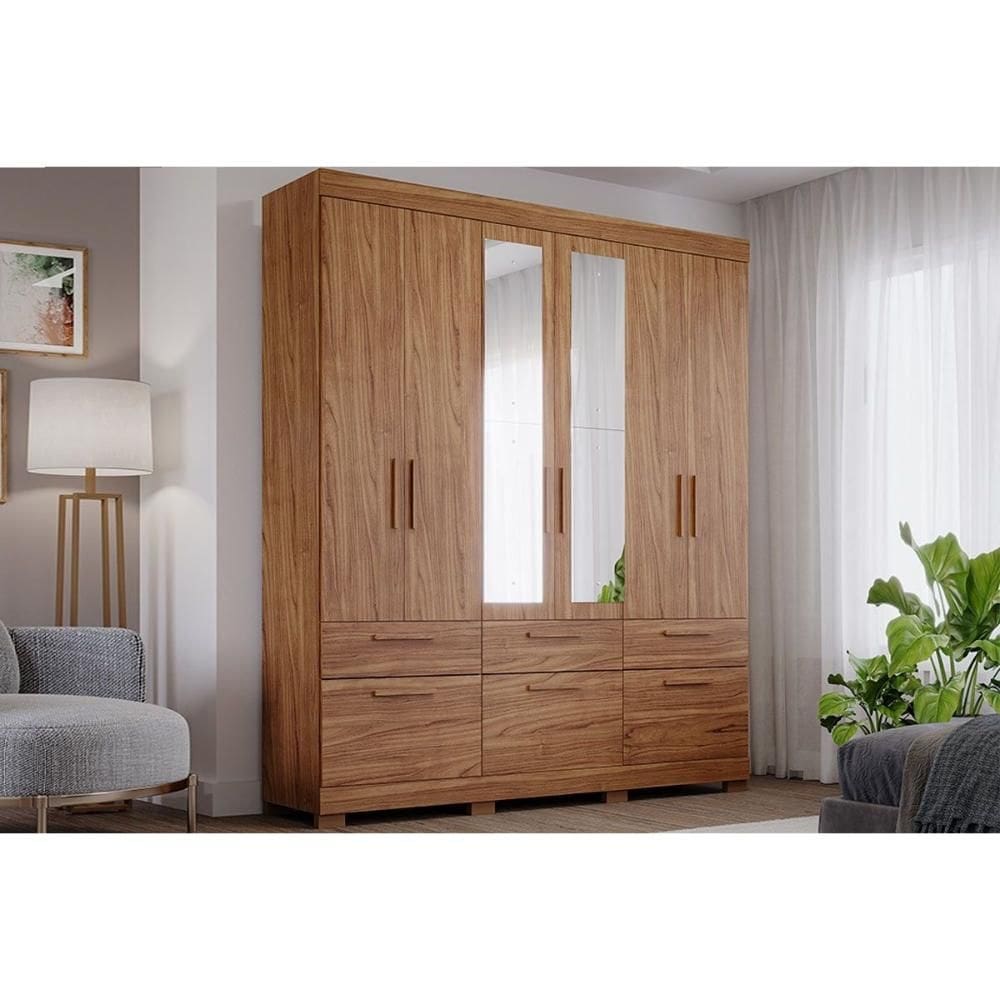 Guarda Roupa Casal 6 Portas e 5 Gavetas c/ Espelho Porto Cinamomo - Panan