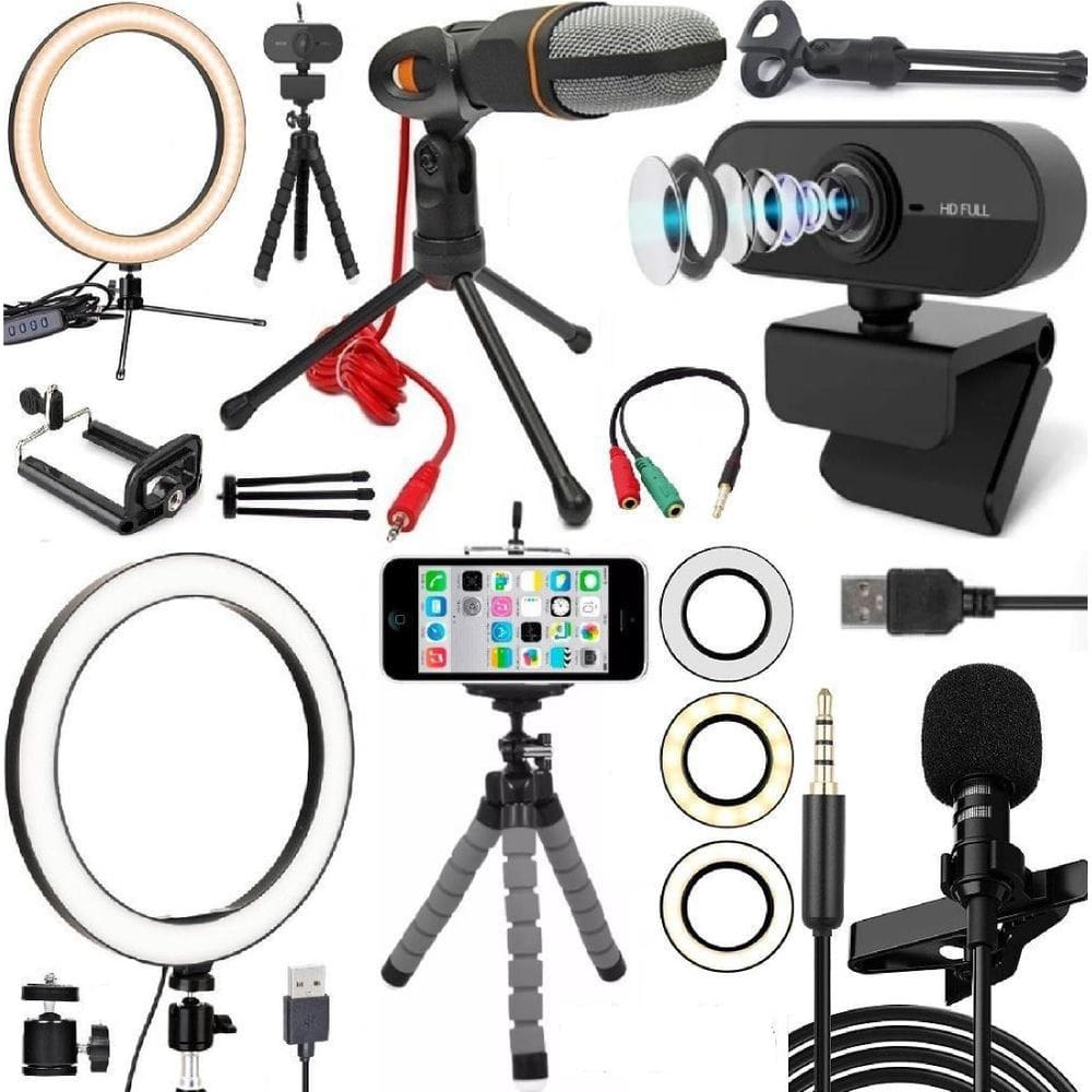 Kit webcam iluminador microfone gravação vídeo aula reunião