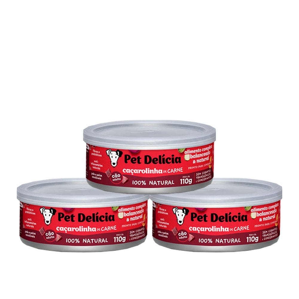 Kit 3 Rações Úmidas Pet Delícia para Cães Caçarolinha de Carne 110g