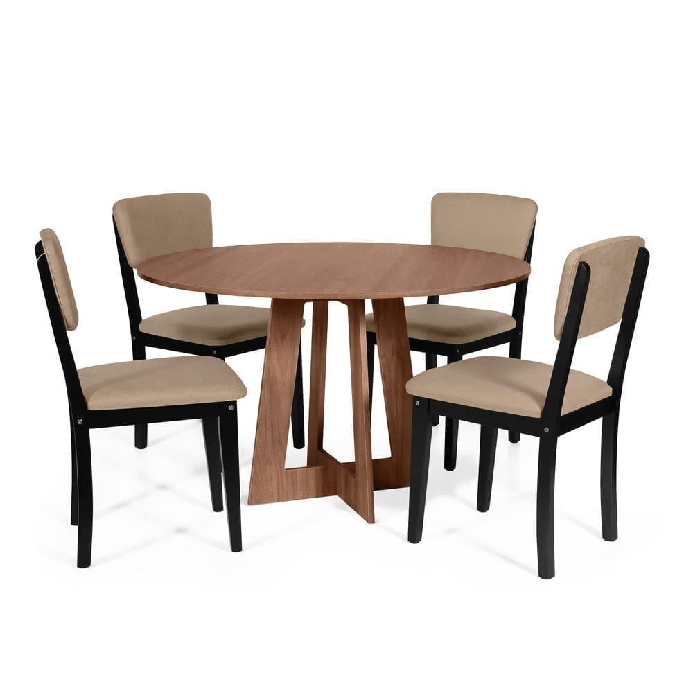 Mesa de Jantar Redonda Montreal Noronha com 4 Cadeiras Estofadas Ella Preto/Marrom Claro