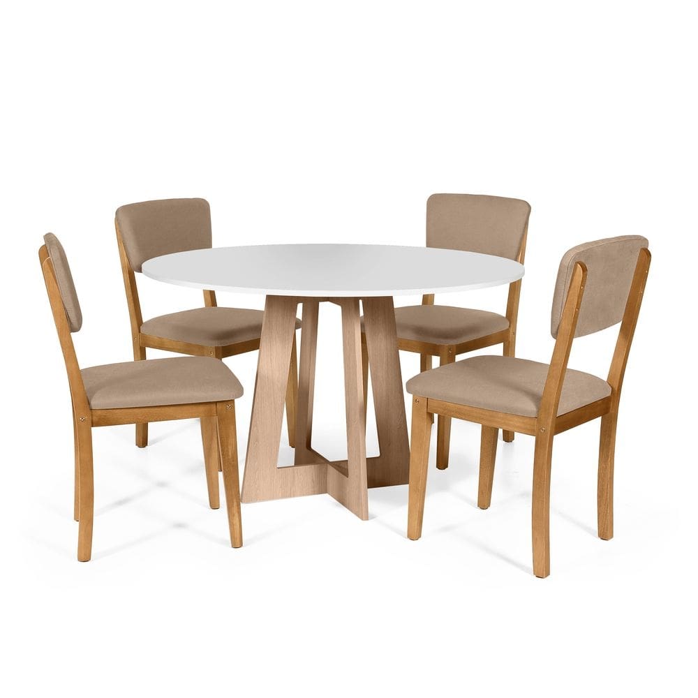 Mesa de Jantar Redonda Montreal Bran/Jade com 4 Cadeiras Estofadas Ella Marrom Claro
