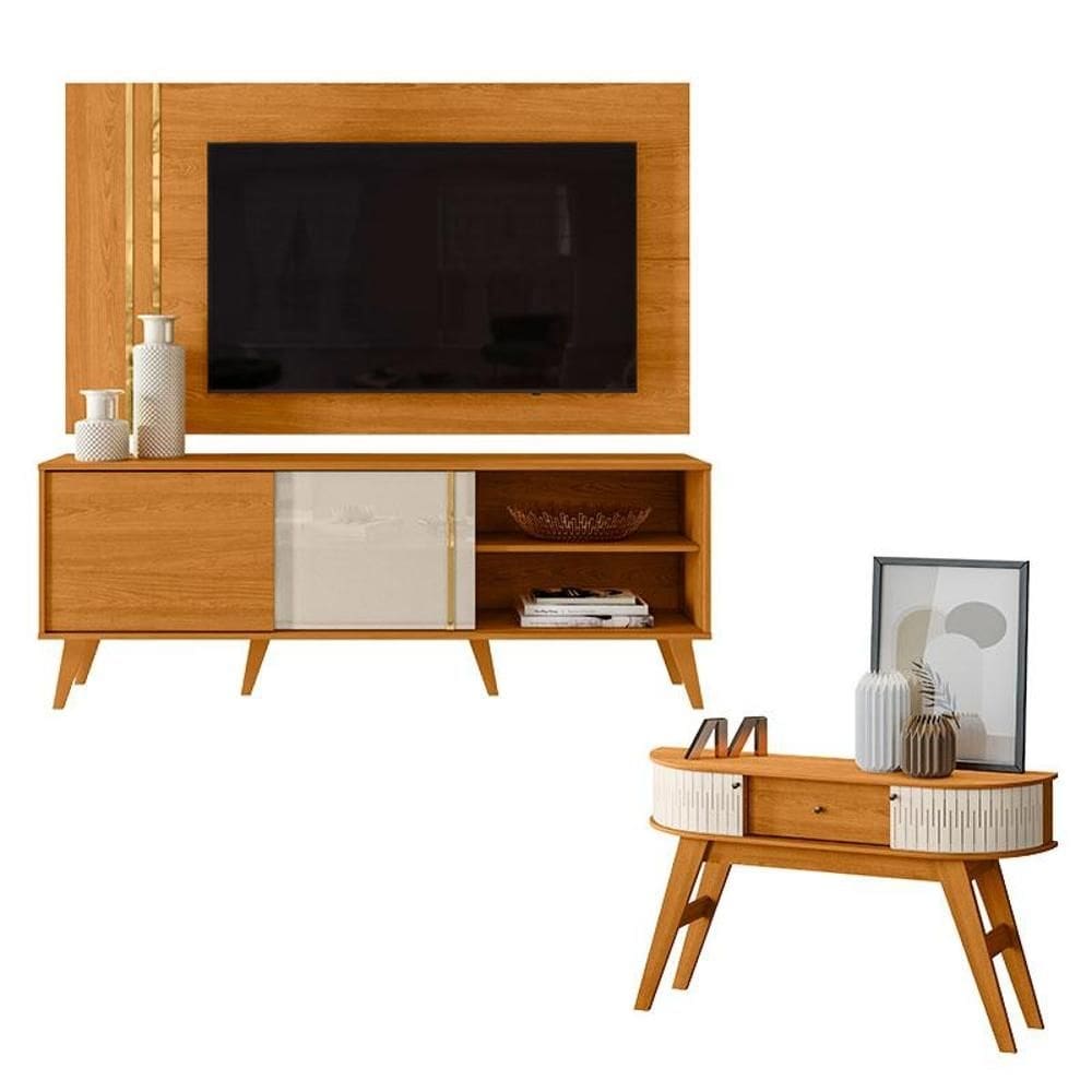 Rack Bancada e Painel para TV Cronos com Aparador Estoril Cinamomo Off White – Madetec