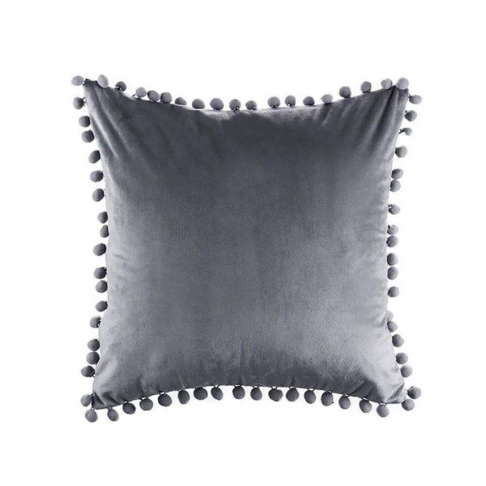 Capa de almofada de veludo com pompom cinza 42x42cm