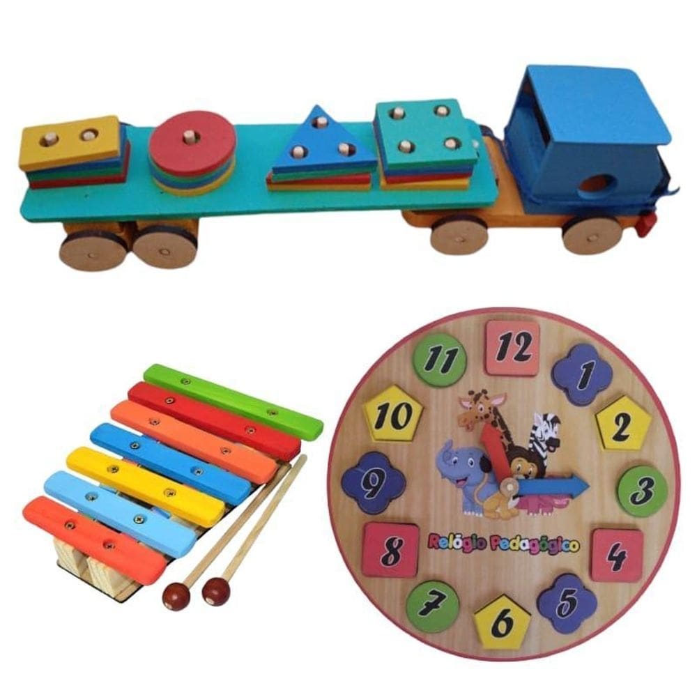 Kit brinquedo educativo madeira carreta + xilofone + relógio