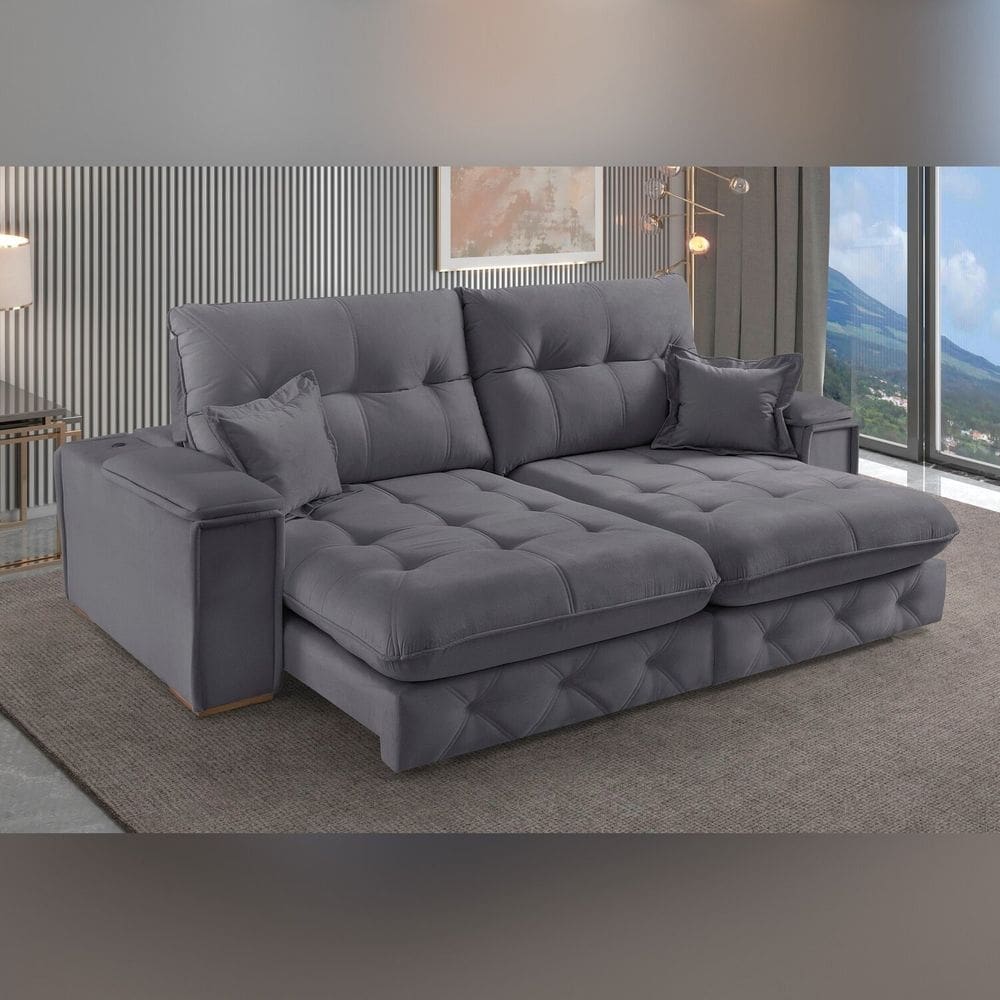 Sofá Retrátil Reclinável com Usb 250cm Istambul Yescasa Cinza