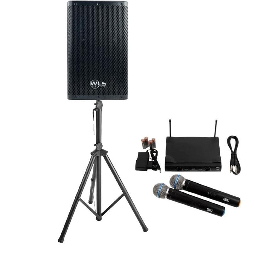 Caixa ativa wls z15 500w rms usb bt + 2 mic s/ fio + tripé