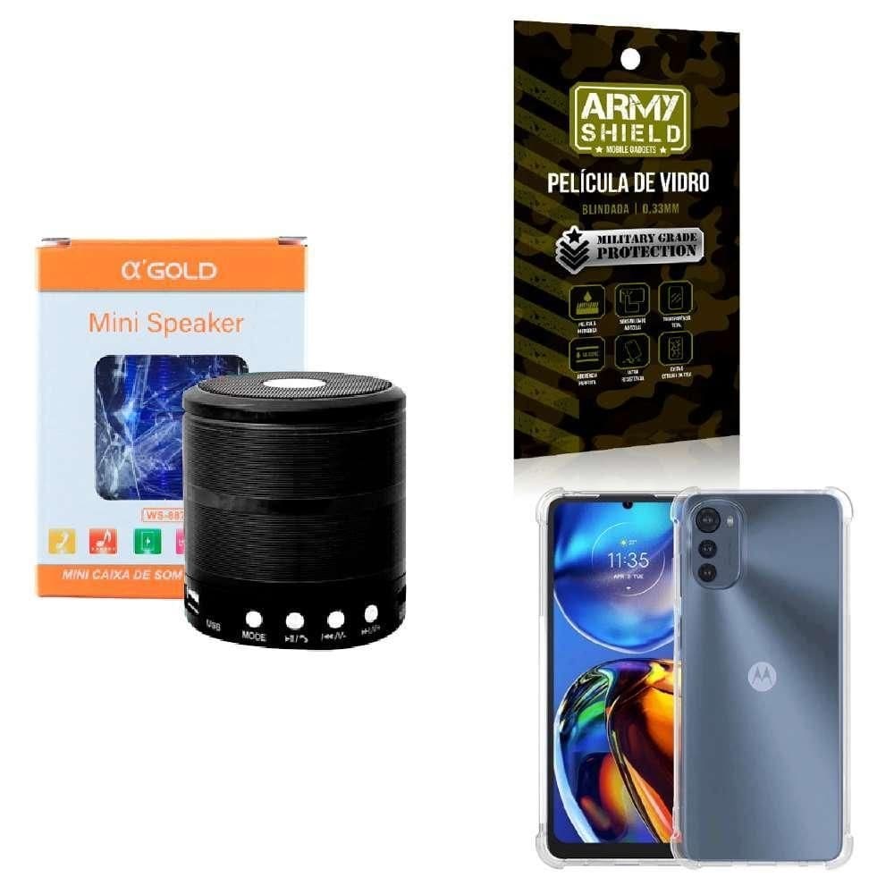 Kit caixa de som + capinha motorola e32 + película 3d