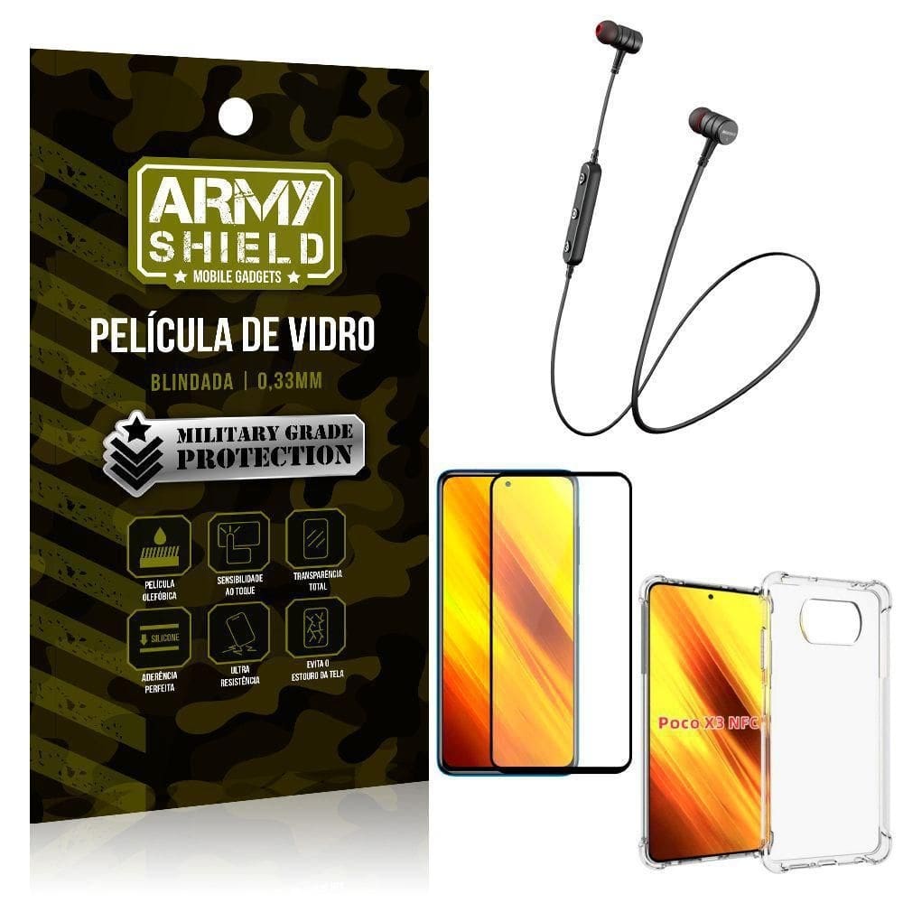 Fone bluetooth hs-615 poco x3+capinha anti shock+película 3d