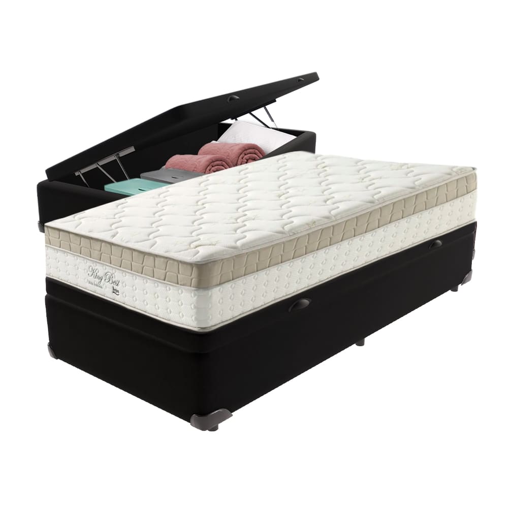 Cama Box com Baú Preto e Colchão Solteiro King Best Anjos