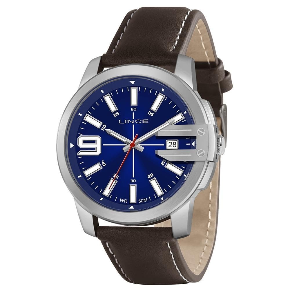 Relógio masculino prata lince pulseira de couro com data +