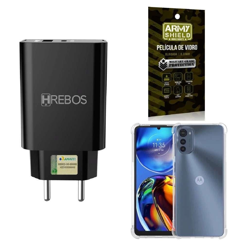 Capinha moto e32 + fonte carregador turbo + película 3d
