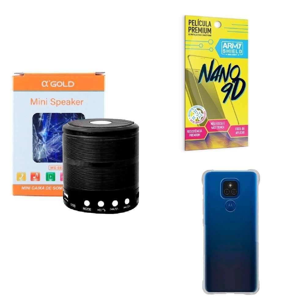 Kit caixa de som + capinha motorola e7 plus + película 9d
