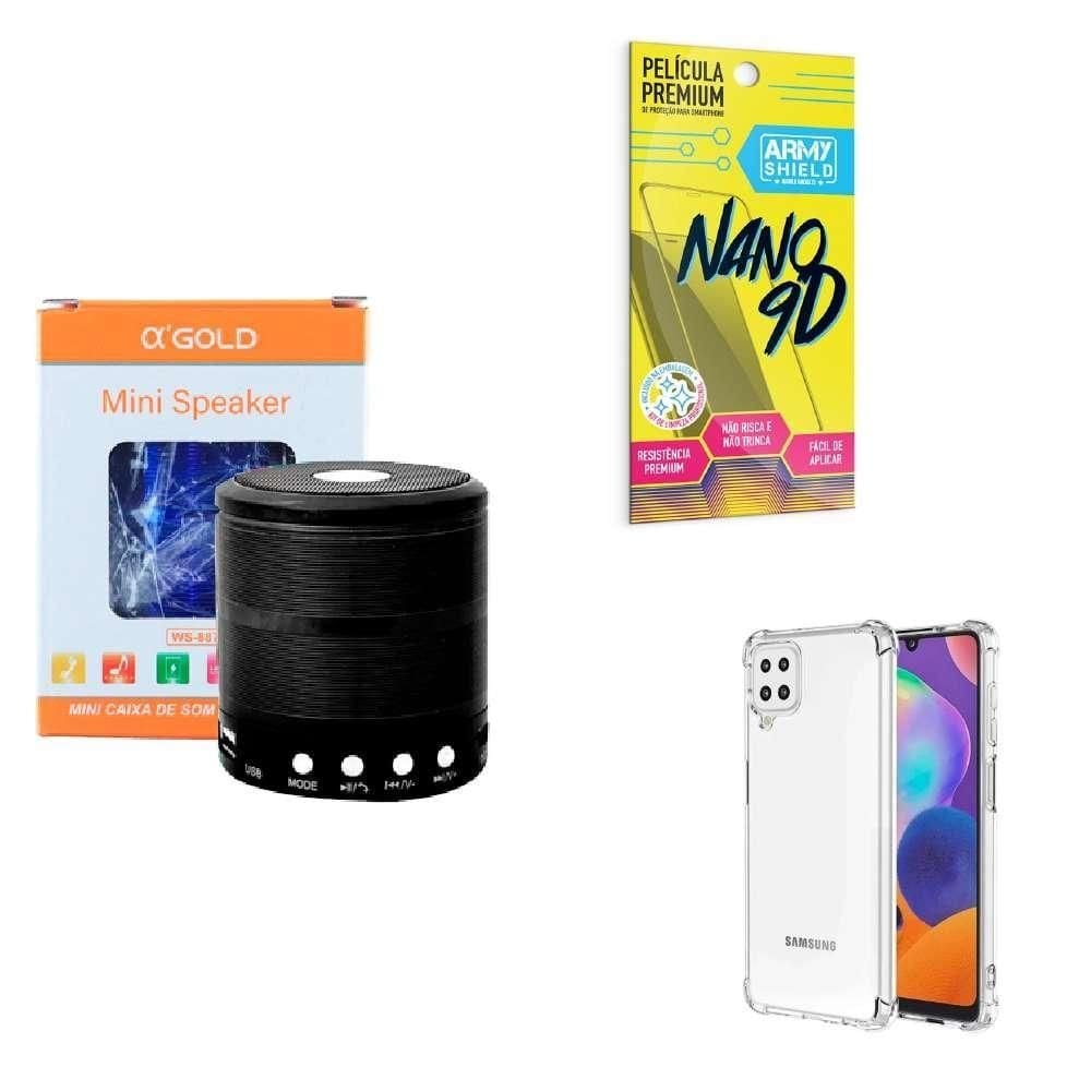 Kit caixa de som + capinha samsung m62 + película 9d