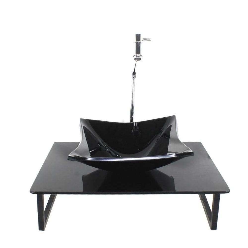 Kit cuba vidro quadrada 10mm tampo 50cm preto full suporte