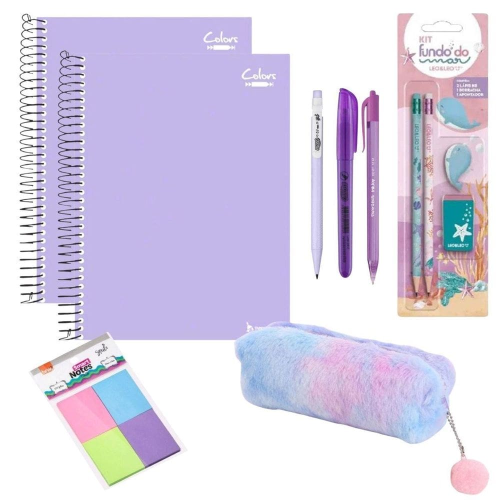 Kit papelaria escolar kawai fofo lilas volta as aulas